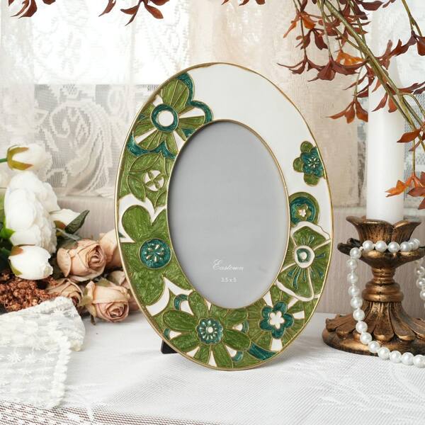 HOMZENE Flower 3.5 x 5 Matted Green White Enamel Picture Frame THD