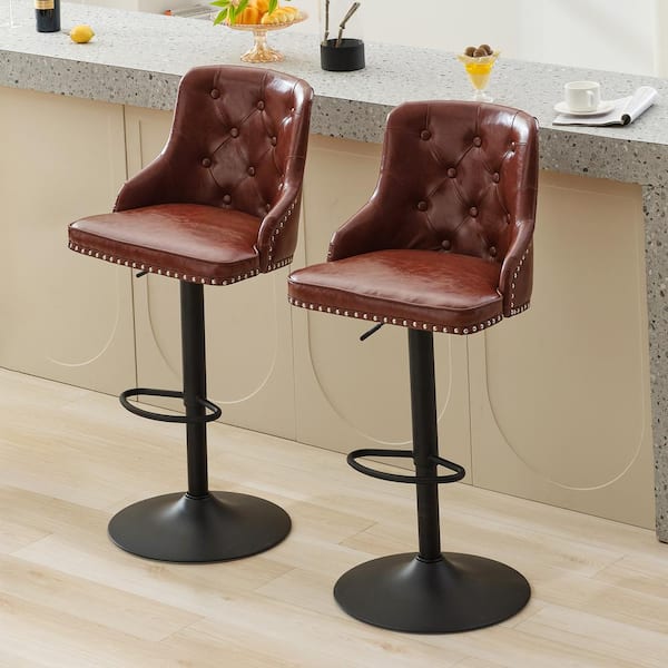 JEAREY Antique Red Adjustable High Back Bar Stool with Black Metal Frame Counter Height Faux Leather Counter Stool (Set of 2)