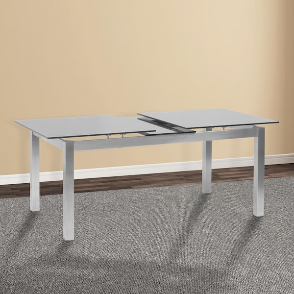 Armen Living Ivan Extension Gray Brushed Stainless Steel Tempered Glass Top Dining Table