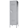 Front view of a gray metal storage cabinet.