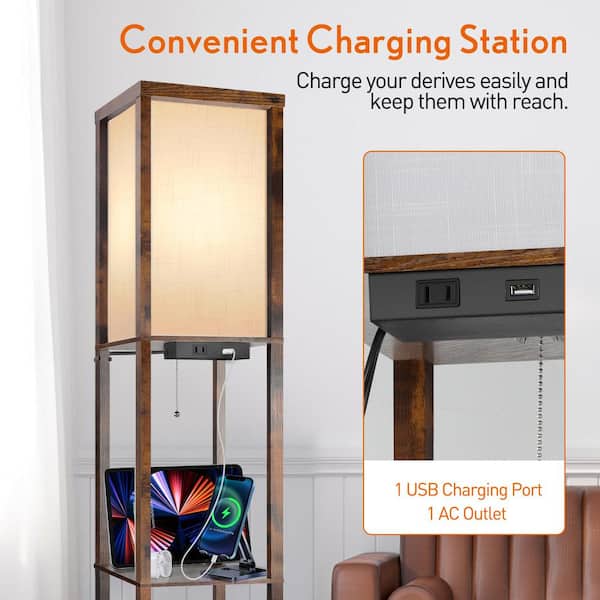 63 in. Brown Traditional 1-Light USB Charging LED 3-Shelf Column Floor Lamp with Fabric Square Shade (Set of 2)