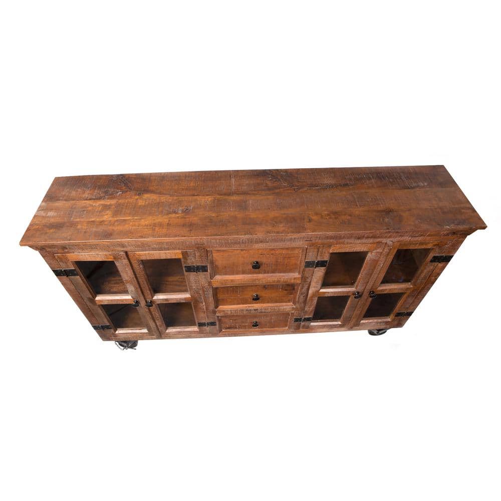 Rustic Charm 72'' Solid Mango Wood Sideboard with Cast Iron Wheels