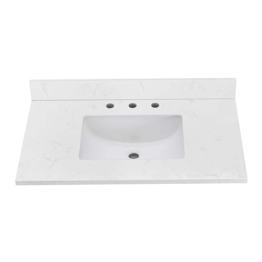 36" White Engineered Stone Vanity Top with Rectangular Sink