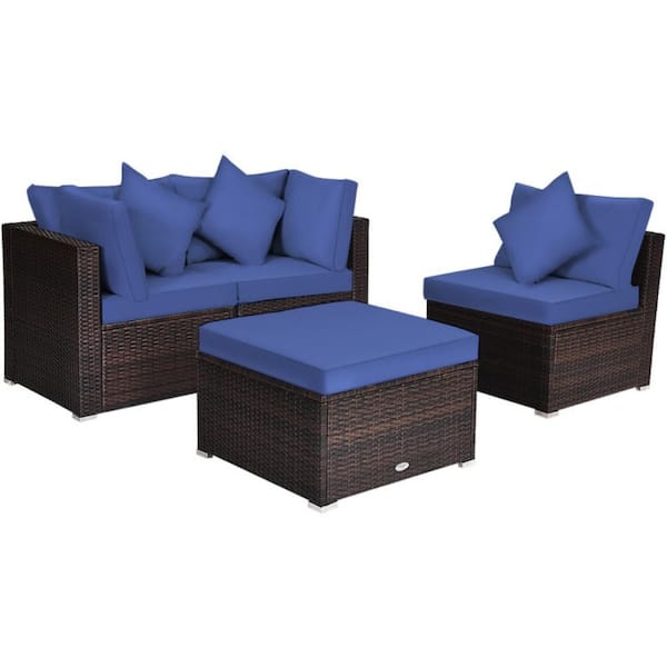 Kadehome 4-Piece Rattan Wicker Outdoor Sectional Set with Removable Pillows and Navy Cushions
