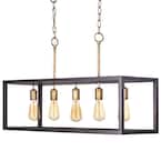 Boswell Quarter 34 in. 5-Light Vintage Brass Farmhouse Linear Island Chandelier with Black Distressed Wood Accents