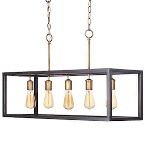 Boswell Quarter 34 in. 5-Light Vintage Brass Farmhouse Linear Island Chandelier with Black Distressed Wood Accents
