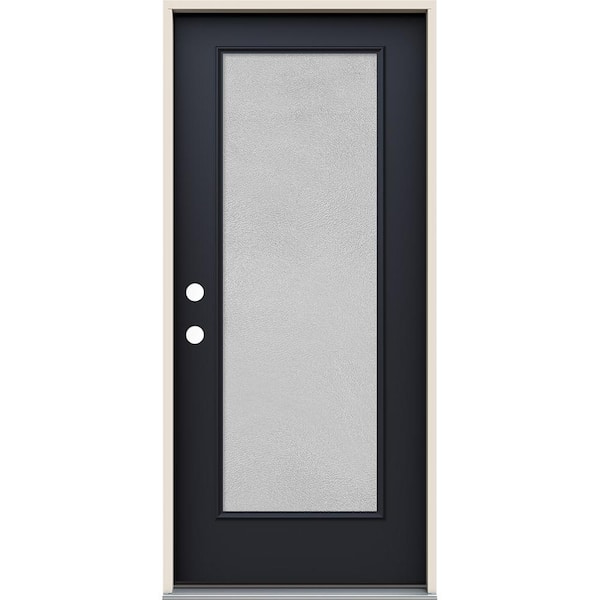 JELD-WEN 36 in. x 80 in. Right-Hand Full Lite Micro-Granite Frosted Glass Black Steel Prehung Front Door