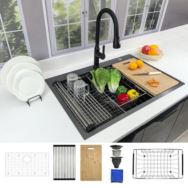 Delironexu 33 x 22 in. Drop-In Workstation Kitchen Sink 16-Gauge