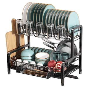 2-Tier Metal Standing Dish Rack in Black with 5 Cup Holder
