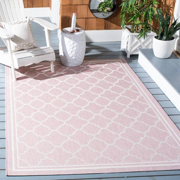 Courtyard Pink/Beige 8 ft. x 10 ft. Border Quatrefoil Indoor/Outdoor Patio  Area Rug