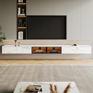 110.24 in.White Wall-mounted Marble Floating TV Stand Fits TV's up to 100 in. with Motion Sensor Led Light and Drawer