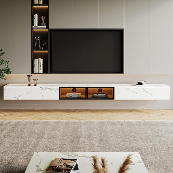 J&E Home 110.24 in.White Wall-mounted Marble Floating TV Stand Fits TV's up to 100 in. with Motion Sensor Led Light and Drawer