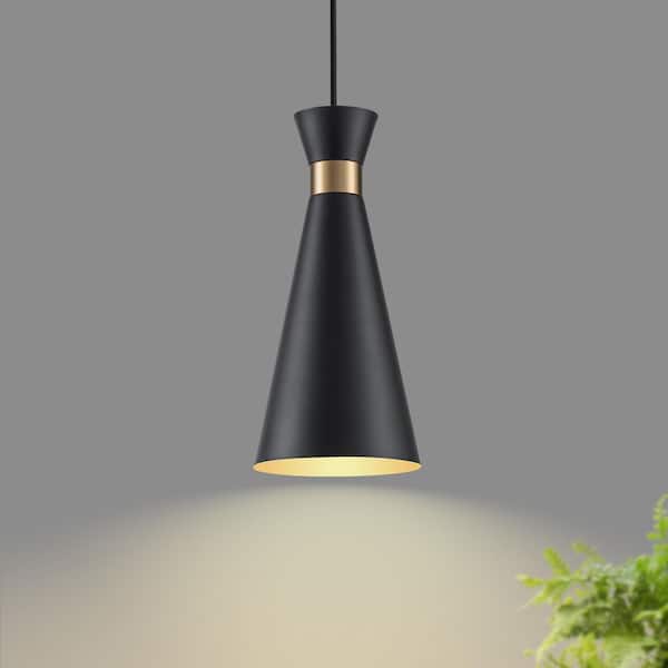 Modern 1-Light Black Cone Pendant Light with Gold Accent, Adjustable Hanging Cord for Kitchen Island, Dining Room