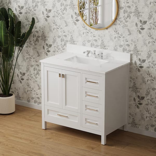 Staykiwi 36.37 in. W x 22.2 in. D x 34 in. H Freestanding Bath Vanity in White with White Engineered stone Top