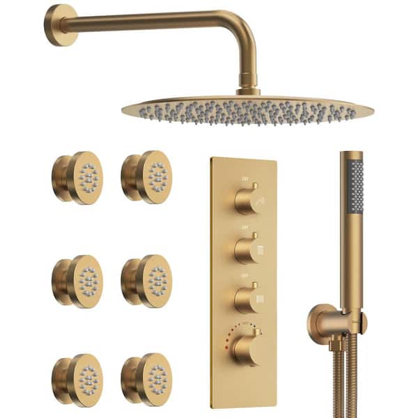 GRANDJOY Luxury Thermostatic 7-Spray Wall Mount 12 in. Fixed and Handheld Shower Head 2.5 GPM in Brushed Gold