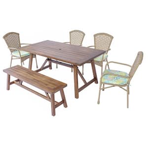 Denetasiro Brown 6-Piece Wood Rectangle 36.6 in. Wicker Outdoor Dining Set with Tropical Polyester Fabric Cushions