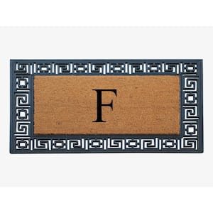 A1HC Greek Key Border Black/Beige 24 in. x 36 in. Rubber and Coir Heavy Duty Easy to Clean Monogrammed F Door Mat