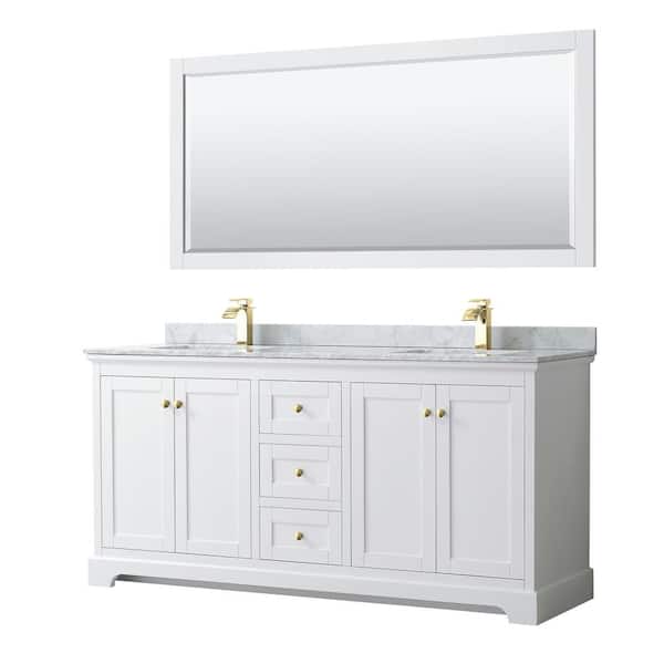 Wyndham Collection Avery 72 in. W x 22 in. D x 35 in. H Double Sink Bath Vanity in White with White Carrara Marble Top and 70 in. Mirror