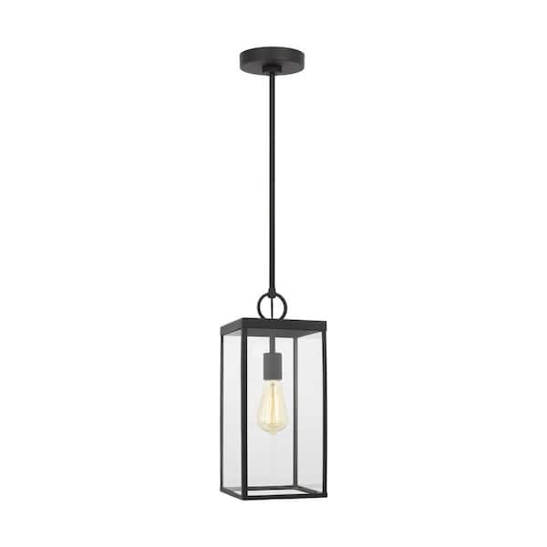 SCOTT LIVING Howell 16.5 in. 1-Light Textured Black Dimmable Outdoor Pendant Light with White/Clear Glass Shade and No Bulbs Included
