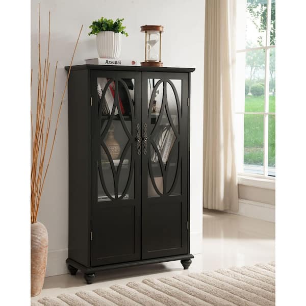 Signature Home SignatureHome 48" H in. Black Finish Rectangle Shape Curio Bookcase Cabinet Wood & Glass, Console Table W/2 Glass Doors