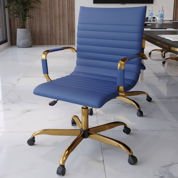Leisuremod Harris Mid-Back Leather Office Chair Gold Frame Adjustable Height, Swivel, Tilt Conference Chair in Navy Blue