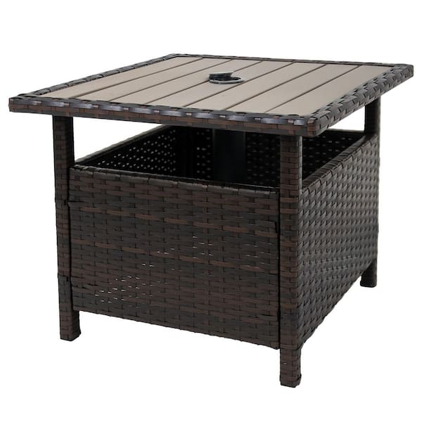AURA OUTDOOR Gray Wicker Rattan Patio Side Table Outdoor Furniture for Garden, Pool, Deck with Umbrella Hole