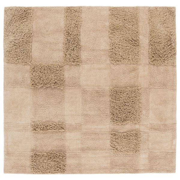 Easy Care 6 ft. x 6 ft. Square Beige High-Low Solid Checkered Washable Area Rug