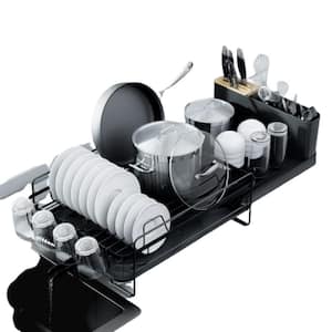 Extendable Multifunctional Dish Drying Rack Anti-Rust Dish Rack with Cutlery & Cup Holders, 27 in. x 12.9 in. Black
