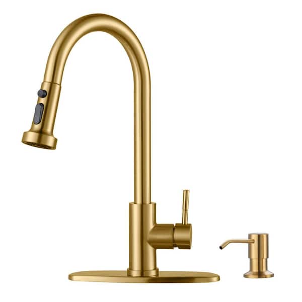 WOWOW Single Handle Pull Down Sprayer Kitchen Faucet with Soap Dispenser Stainless Steel in Gold