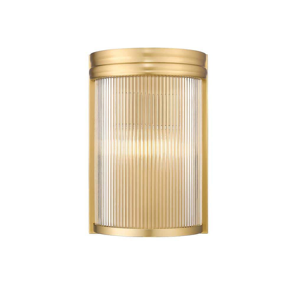 Carnaby 8 in. Modern Gold 2-Light Wall Sconce with Clear Ribbed Glass Shade