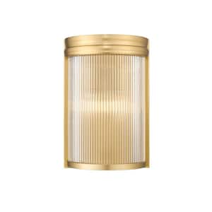Carnaby 8 in. Modern Gold 2-Light Wall Sconce with Clear Ribbed Glass Shade with No Bulbs Included (1-Pack)