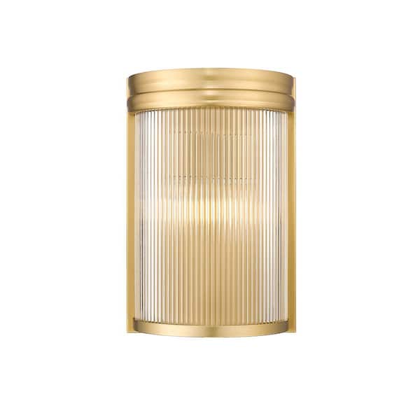 Unbranded Carnaby 8 in. Modern Gold 2-Light Wall Sconce with Clear Ribbed Glass Shade with No Bulbs Included (1-Pack)