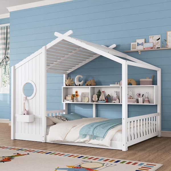 White Full Size Floor House Bed with Roof Design and Storage Shelf