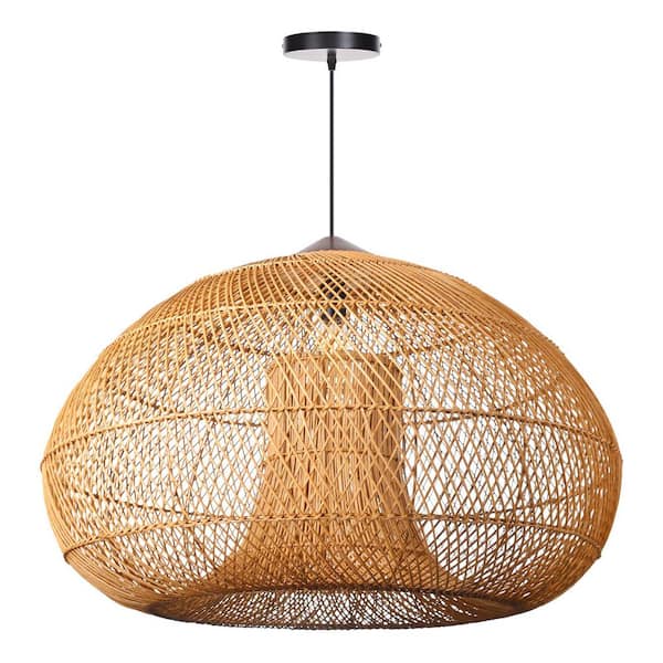 60-Watt 1-Light Brown Rattan Hand-Woven Pendant Light with Dome Shape Shade, No Bulbs Included, 24 in.