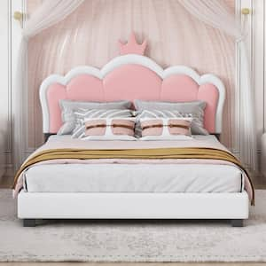 White Frame Full Size Upholstered Wooden Princess Bed with Pink Crown Headboard