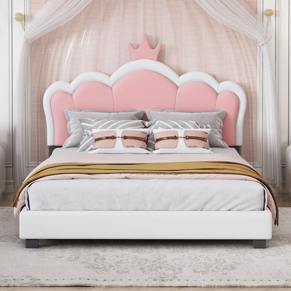 Harper & Bright Designs White Wood Frame Full Size PU Upholstered Princess Bed with Pink Crown Headboard