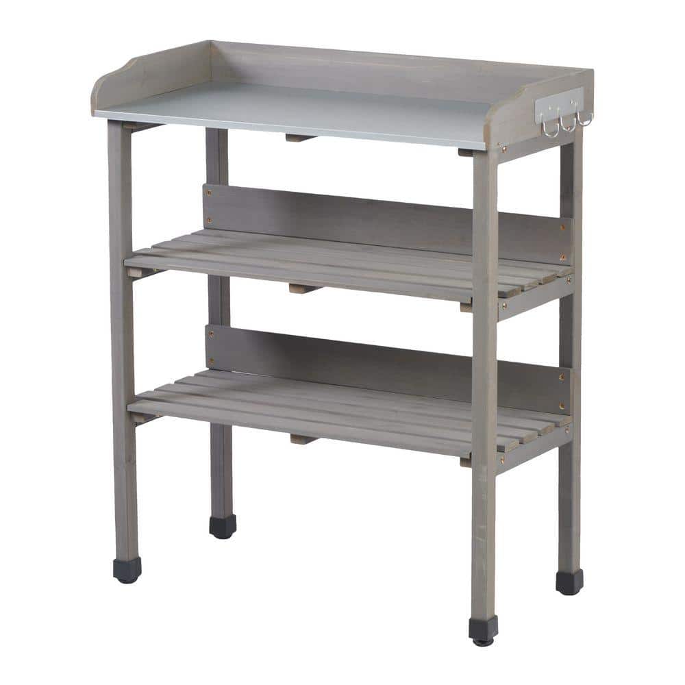 3-Tier Gray Solid Wood Outdoor Garden Plant Stand with Metal Tabletop and Hook (30 in. H W x 35.5 in. H)