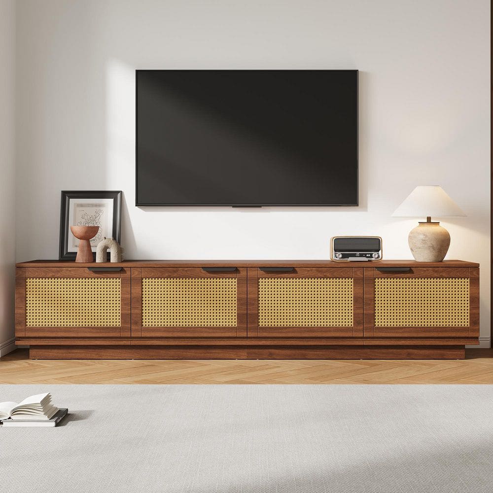 Modern Walnut MDF TV Stand Fits TVs up to 85 in. with Cable Management and Woven Rattan Front Doors price history on PriceWatchPro
