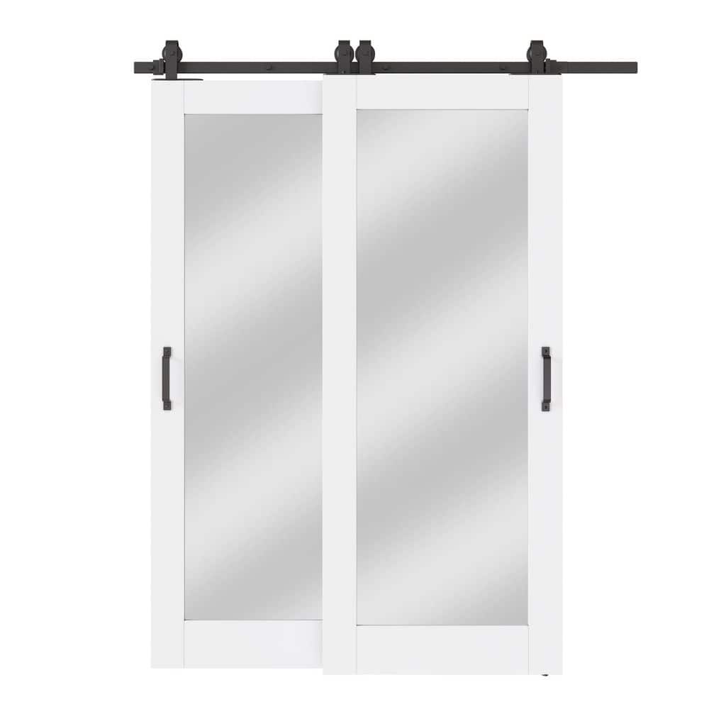 56 in. x 96 in. (Double 32 in.) 1-Lite Mirrored Glass White Primed MDF Sliding Barn Door with Hardware Kit Bypass price history on PriceWatchPro