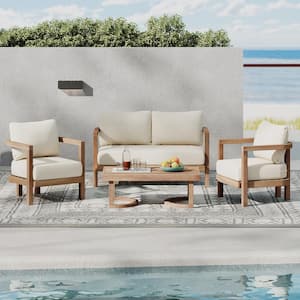 4-Piece Acacia Wood Outdoor Conversation Set with Coffee Table, Beige Soft Cushion