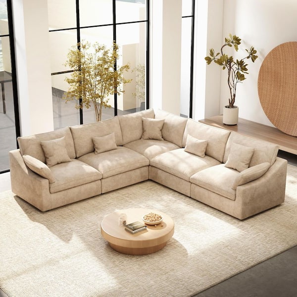 Modular Large 238 in. Flared Arm 5-Piece L-shaped Linen Cloud Couch Sectional Sofa in. khaki