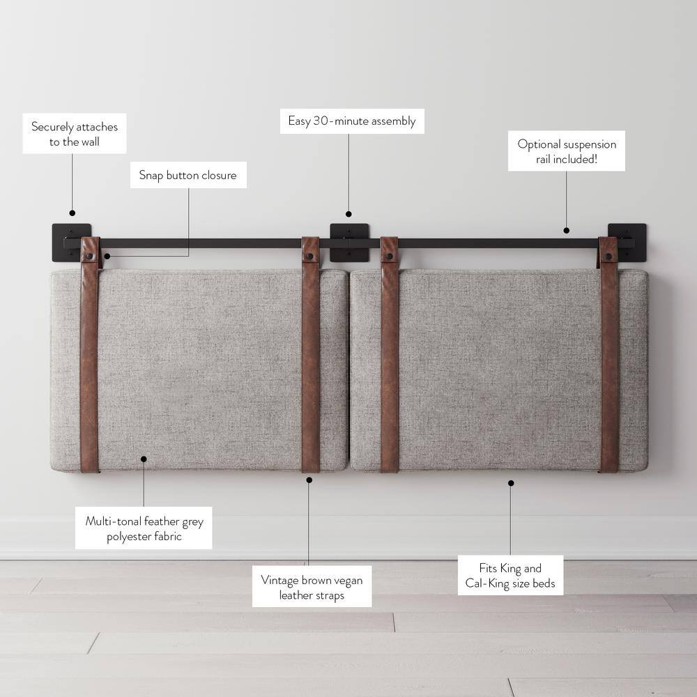 Gray Upholstered King Wall Mount Headboard with Leather Straps