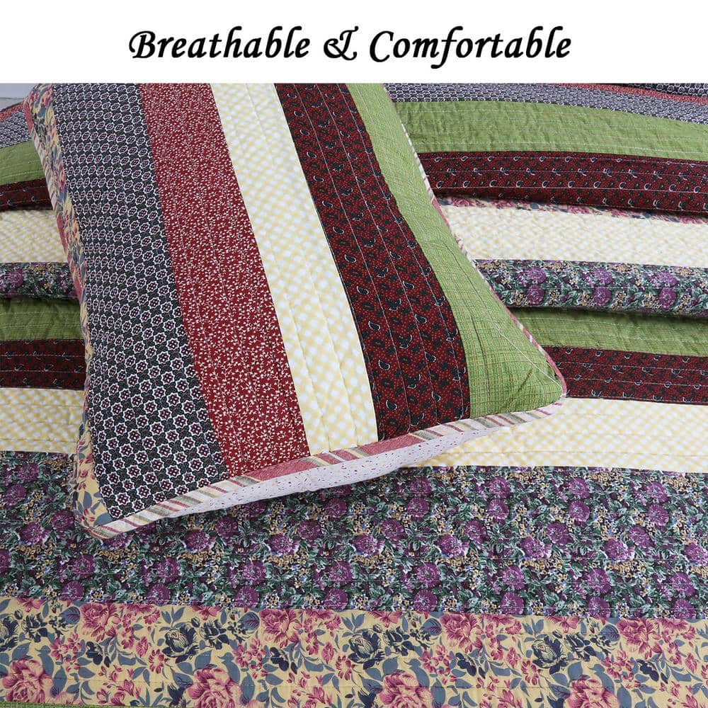 Queen Reversible Cotton Patchwork Quilt Set in Purple and Green
