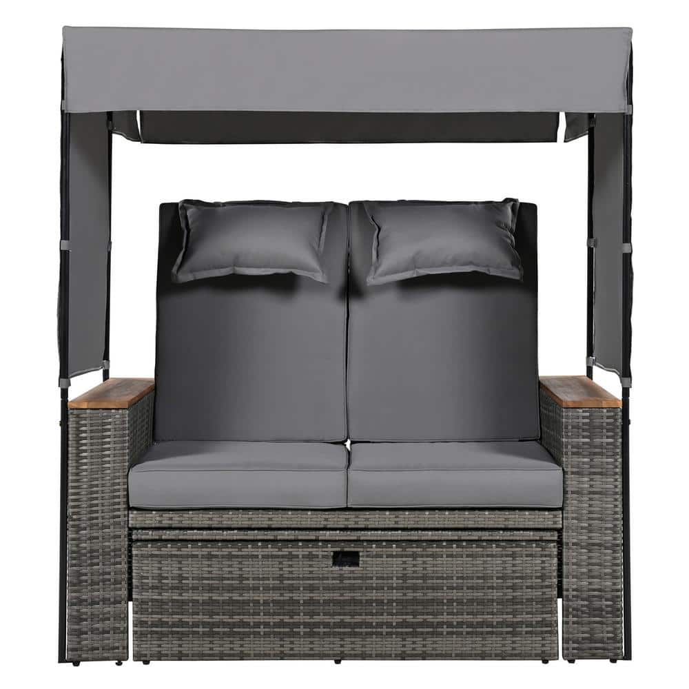 Grey 2-Piece Wicker Outdoor Patio Bench Lounge Roof Sectional Set for Garde