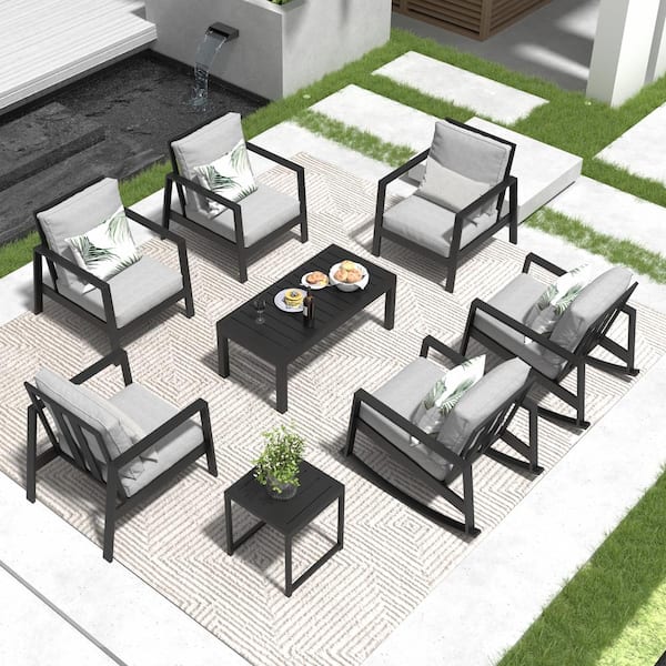 8-Piece Aluminum Patio Conversation Set with Light Grey Cushions