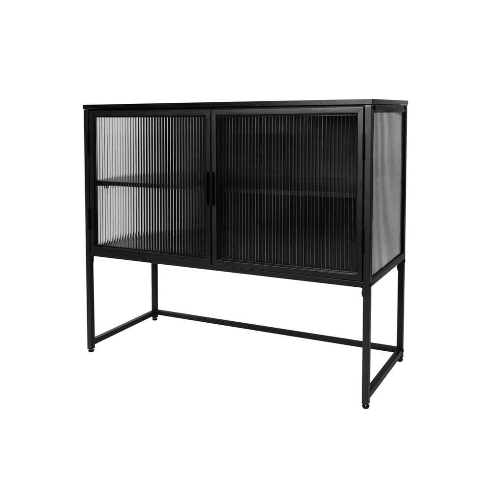 43.31 in. W x 15.75 in. D x 36 in. H Black Metal Linen Cabinet with 2 Glass Doors and 1 Shelf