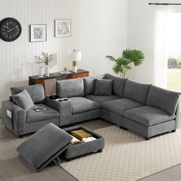 Harper & Bright Designs 140 in. Chenille U Shaped Modular Sectional Sofa Gray with Storage Ottoman, Console, Cup Holder, USB Charger