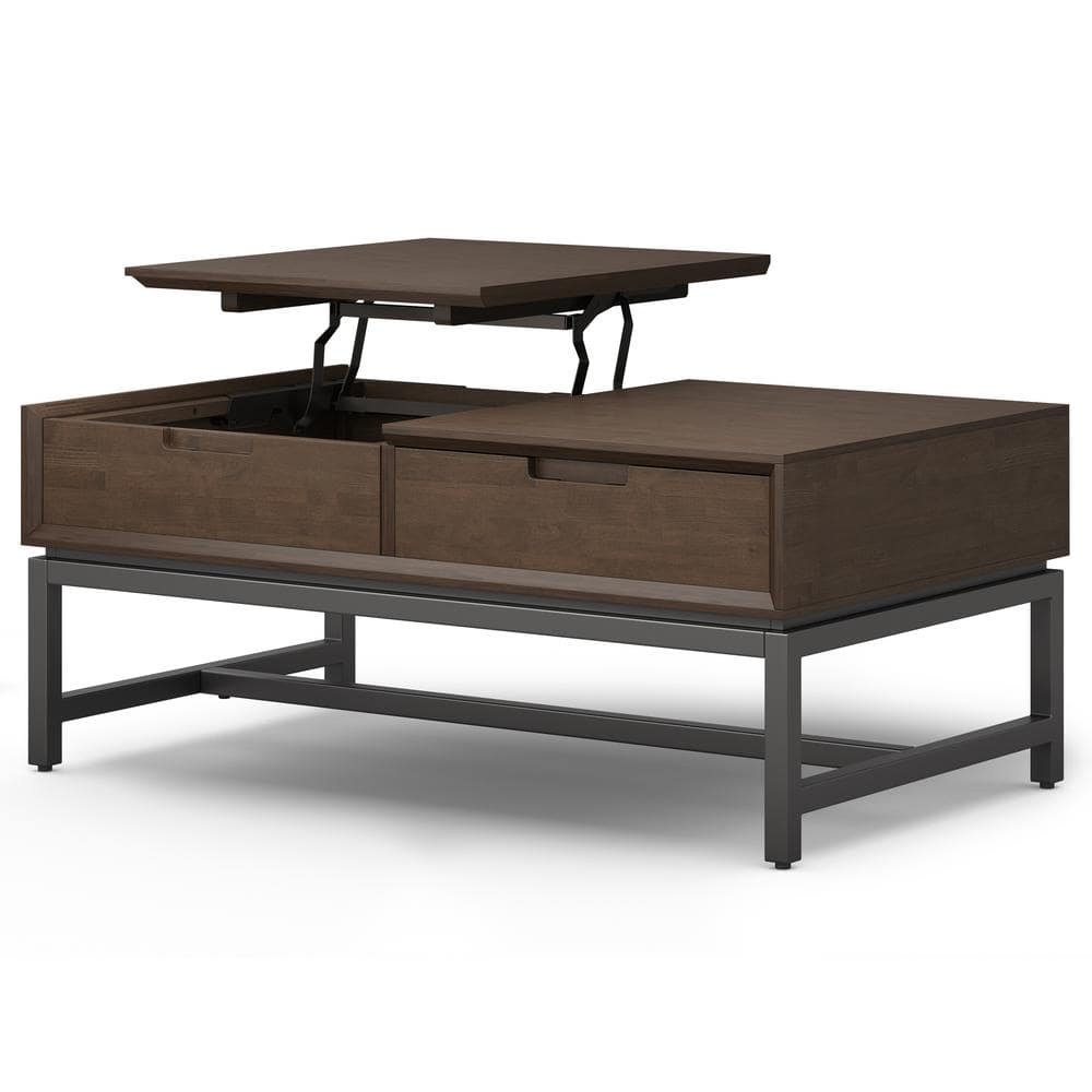 Walnut Brown Lift-Top Coffee Table with Metal Base and Storage