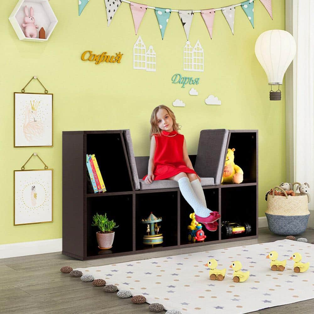 Brown 6-Cubby Kid Storage Bookcase with Cushioned Reading Nook
