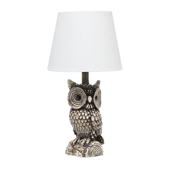 Simple Designs 19.85 in. Brown and White Polyresin Night Owl Novelty Bedside Table Lamp with White Tapered Drum Fabric Shade